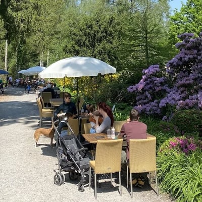 Park-Beizli at Seleger Moor with rattan furniture under white umbrellas. Blooming rhododendrons and forest backdrop.