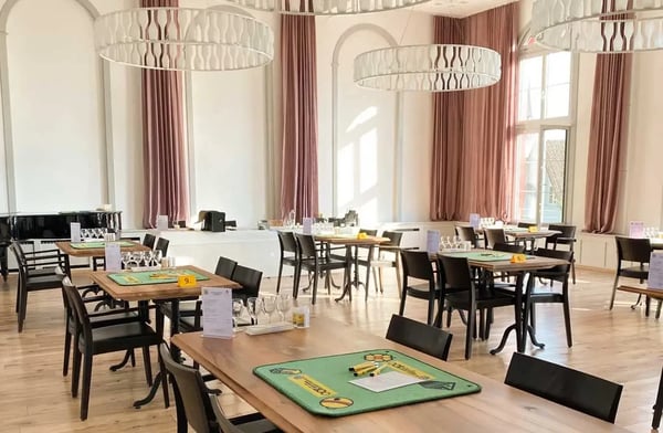 A large presentation TV or projector (depending on the room), lectern, microphone system, etc. are available.