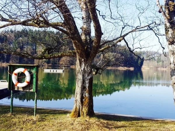 Türlersee beach resort with a raft in the background. Beautiful lake in the nature reserve.