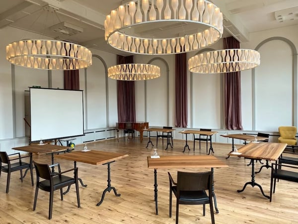 Modern conference room with unique lighting for seminars and events