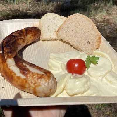 Bratwurst with home made potato salad and bread on palm leaf plate. Rustic snack in the Park-Beizli Seleger Moor.