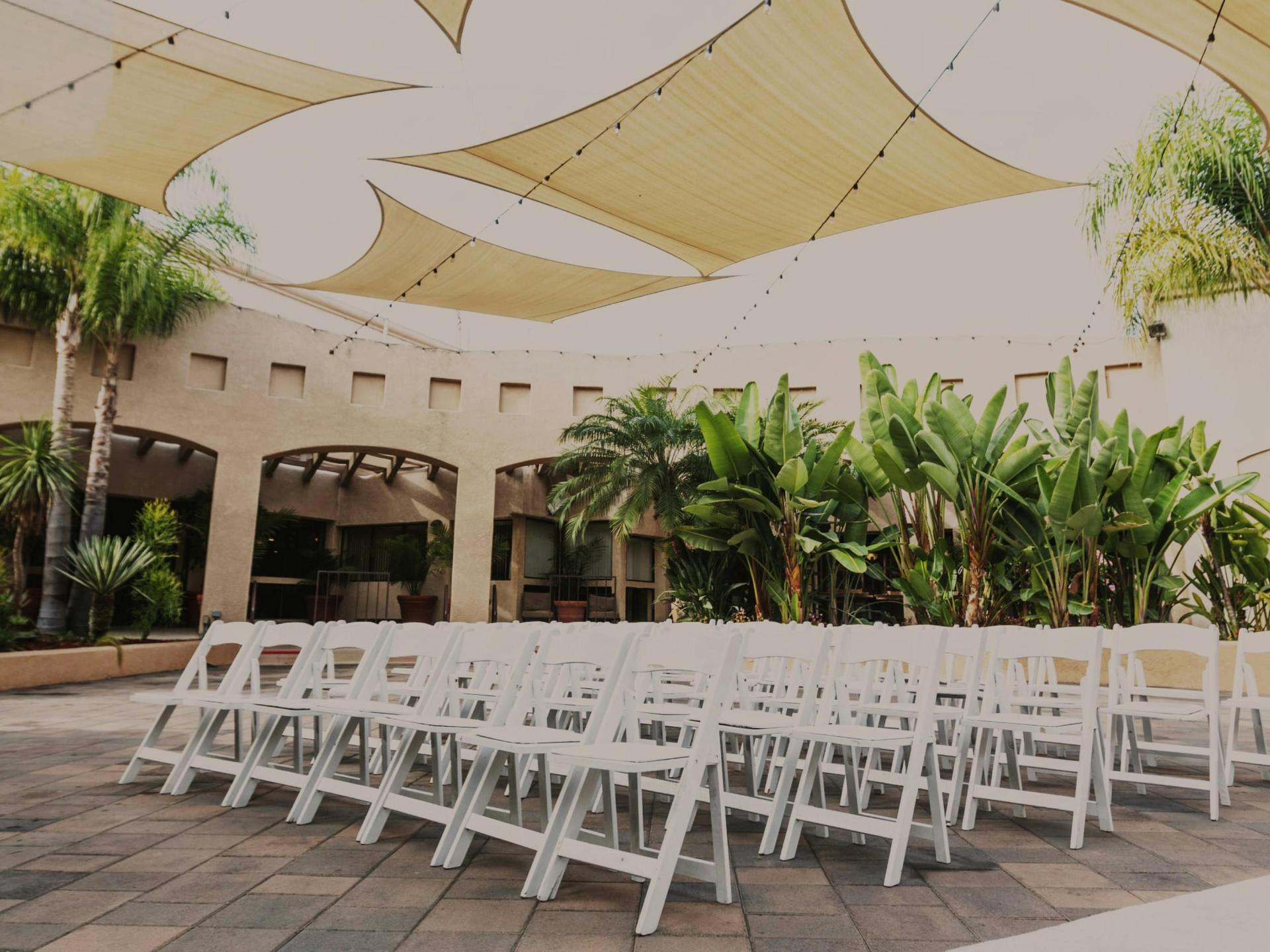 Palm Terrace with string lights and dining under palms.