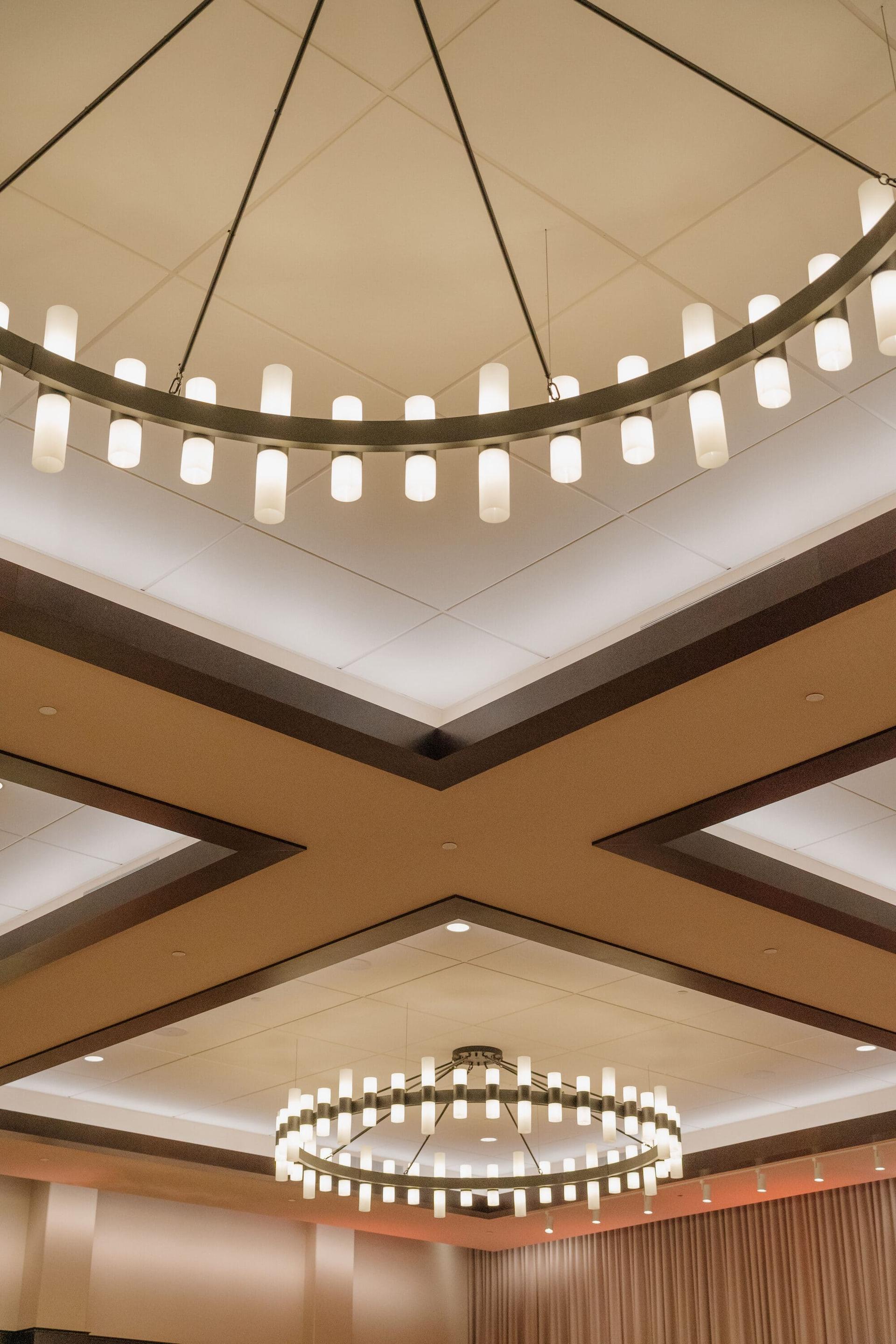 Coffered ceiling and ring chandeliers in the Grand Ballroom.