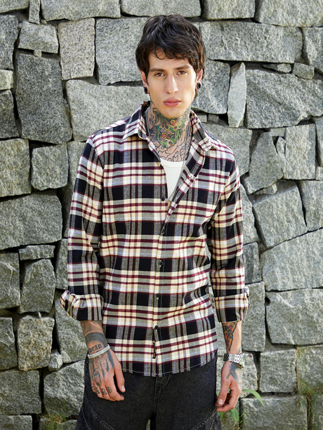 Mens Midnight Black & Buff Beige Dark-Plaid Relaxed Shirt