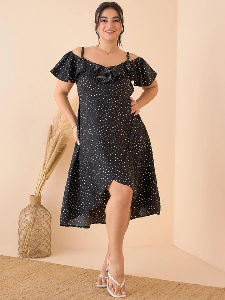 Black & White Polka Dot Print Cold-Shoulder A-Line Midi Dress