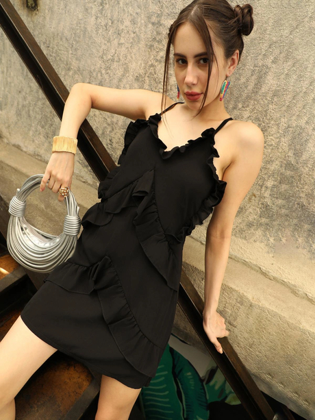 Womens Midnight Black Ruffle Mini Dress