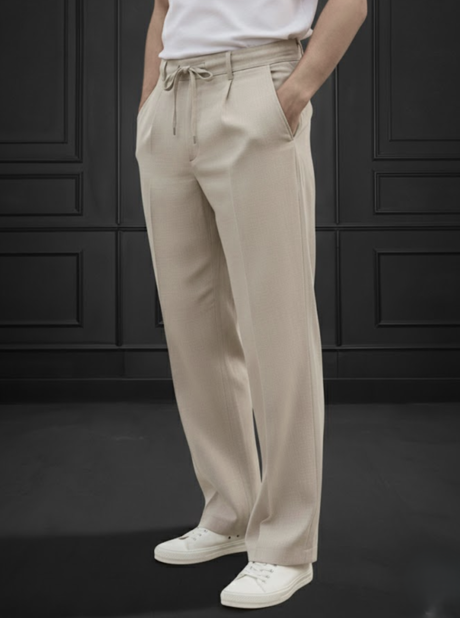 Men Solid Beige Linen Trousers Pants | Mid Rise Straight Fit Casual Pants with Button & Drawstring Closure