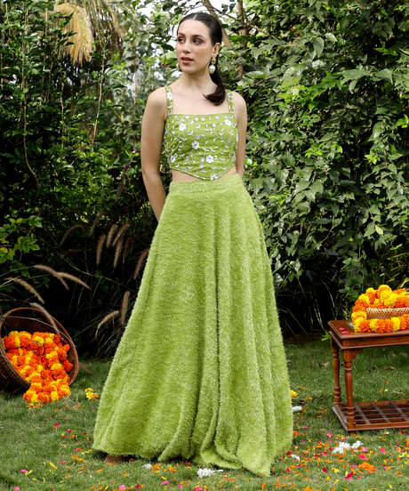 Womens Grass Green Embroidered-Flora Textured Co-Ord Set