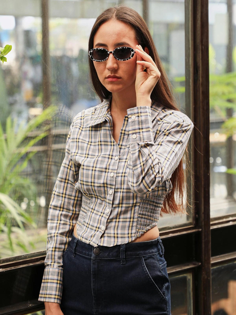 Olive Green Tartan Plaid Cinched Cropped Shirt