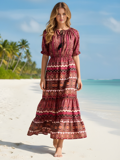 Boho Off-Shoulder Maxi Dress for Women � Red Printed Beach Vacation Long Dress