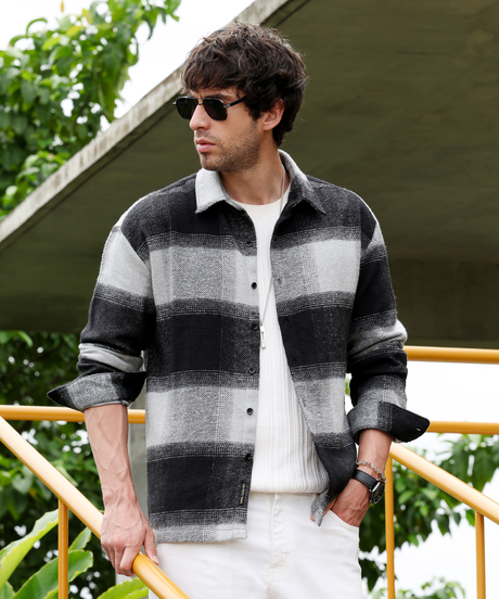 Mens Coin Grey:Midnight Black Vignette-Checkered Oversized Shirt