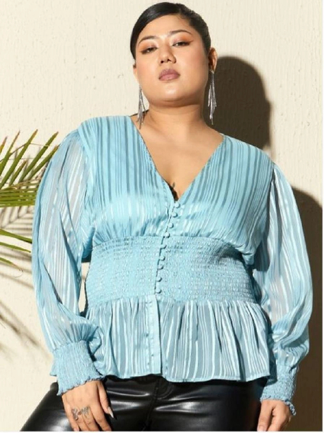 Plus Size Self Designed Cuffed Sleeves Smocked Georgette Peplum Top