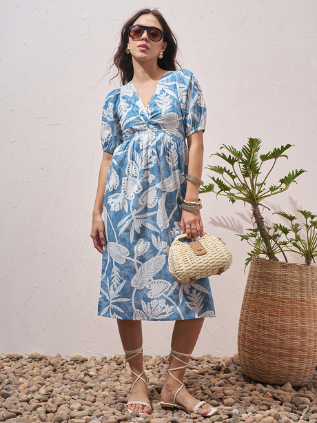 Blue Cotton Slub Printed Flayered Midi Dress