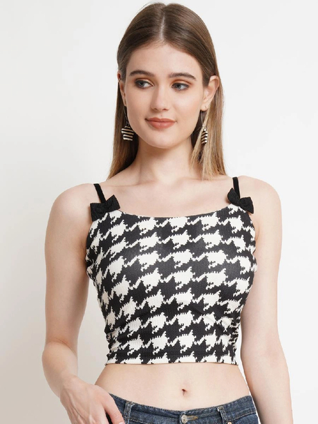Popwings Black & White Printed Bow Women Crop Top