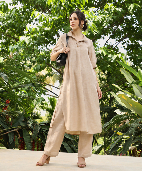 Womens Sand Beige Solid Linen-Blend Kurta Set