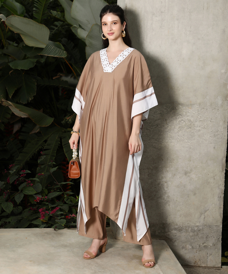 Womens Sand Beige Panel-Striped Kaftan Kurta Set
