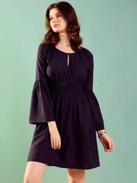 Key Hole Neck Bell Sleeves Smocked Cotton Fit & Flare Dress