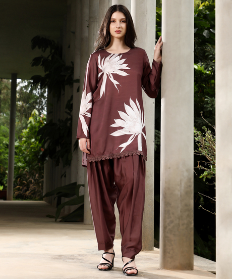 Womens Chocolate Brown Wildflower-Block Imprint Kurta Set