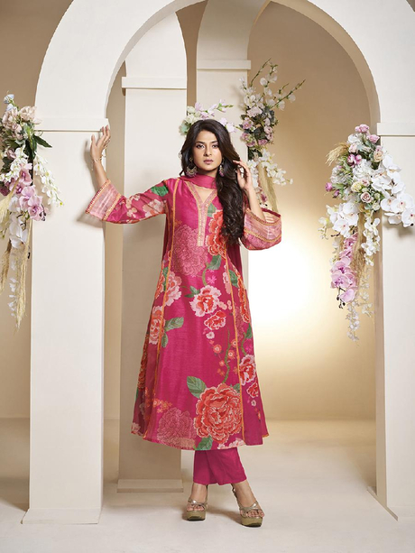 Pink Colour Floral Printed Flared Anarkali Kurta with Palazzos Dupatta.