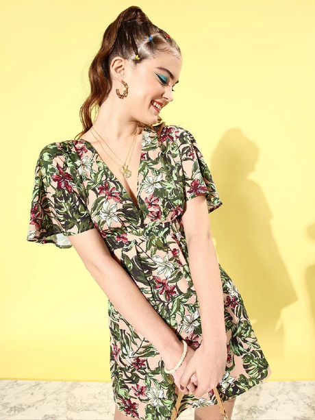 Women Peach Tropical Resort Wear Dress
