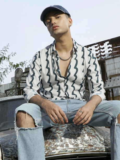 White & Navy Blue Contrast Paint Lines Shirt