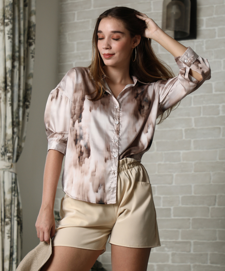 Womens Coffee Brown Stained Satin Oversized Shirt