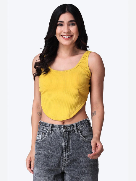 Popwings Women Casual Mustard Rib Strap Crop Top