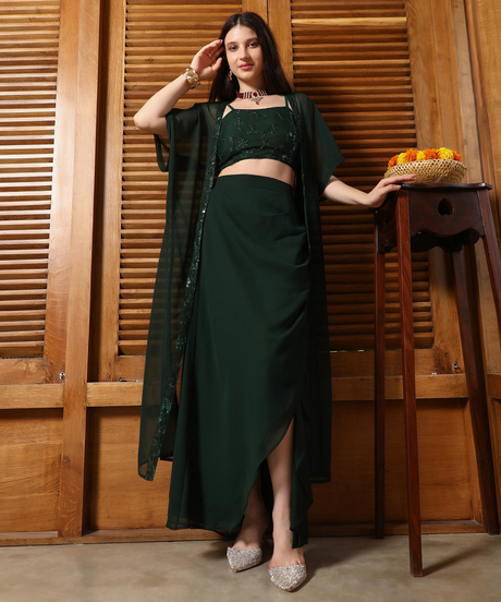 Womens Emerald Green Floral-Embroidery Draped Co-Ord Set