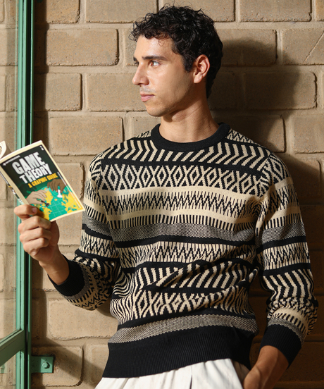 Mens Saltbox Beige:Obsidian Black Scandi-Jacquard Pullover Sweater