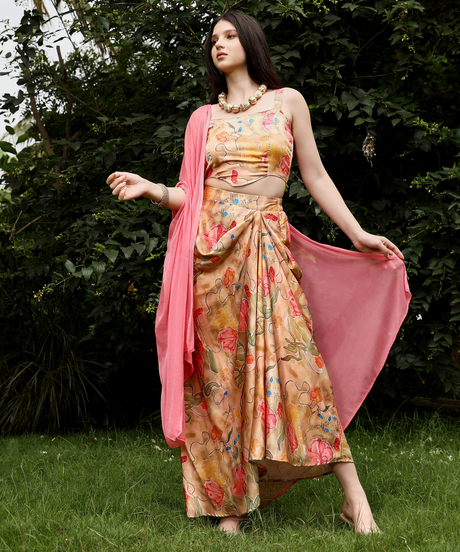 Womens Sand Beige Botanical-Imprint Corset Co-ord Set