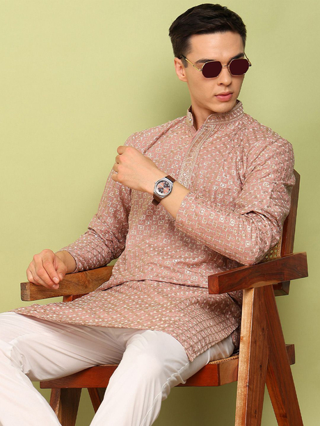 Geometric Embroidered Thread Work Mandarin Collar Straight Kurta