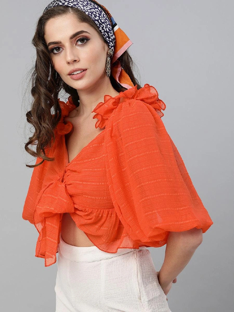 Kassually Orange Self Design Sweetheart Neck Empire Front Knot Crop Top