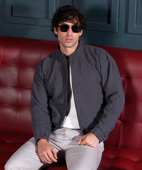 Mens Charcoal Black Cubic-Tactile Bomber Jacket