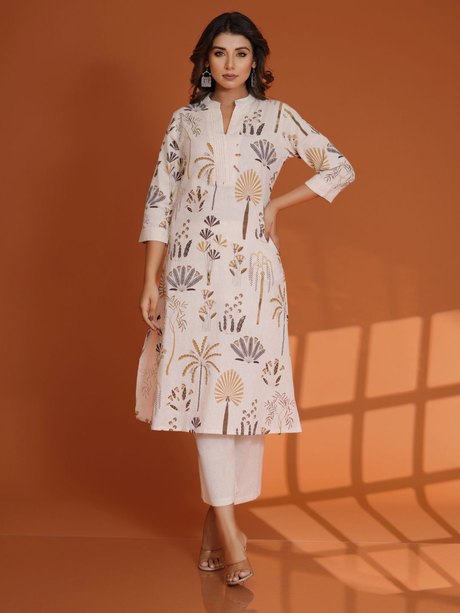 Cream Base Black & Yellow Floral Printed Kurta Pant Set in Cotton Flex
