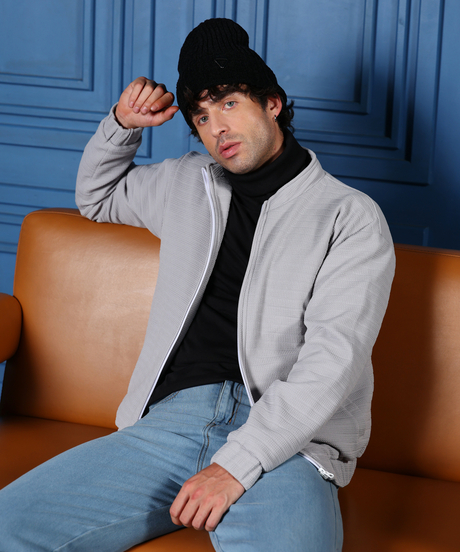 Mens Cloud Grey Chevron Panel-Tactile Bomber Jacket