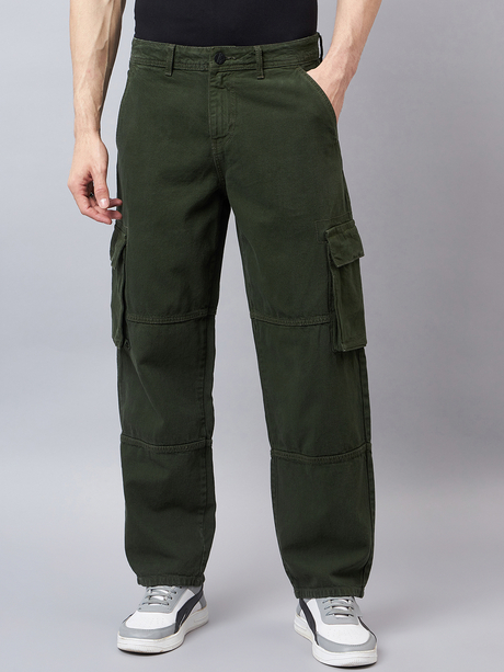 Men Olive Relaxed Fit Mid Rise Cargos