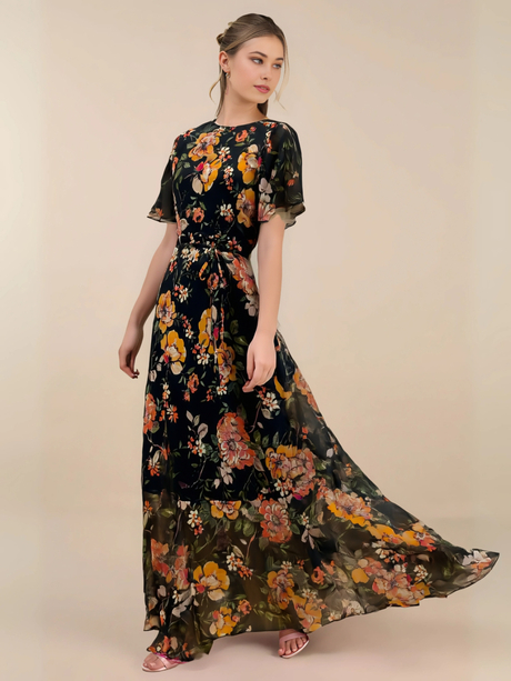 Midnight Garden Elegant Floral Chiffon Dress