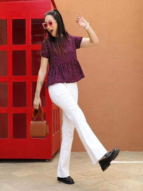 Womens Wine Red Polka Dot Top