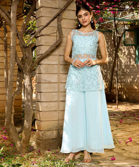 Womens Baby Blue Sheer-Botanical Kurta Set