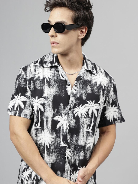 English Navy Black & White Tropical Printed Viscose Rayon Casual Resort Shirt