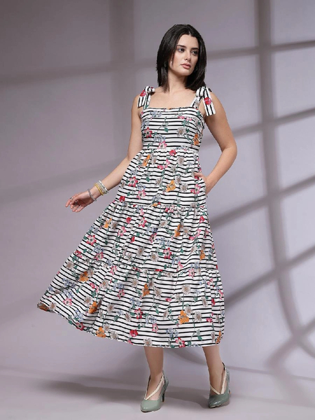 Floral Print Layered Crepe Fit & Flare Midi Dress