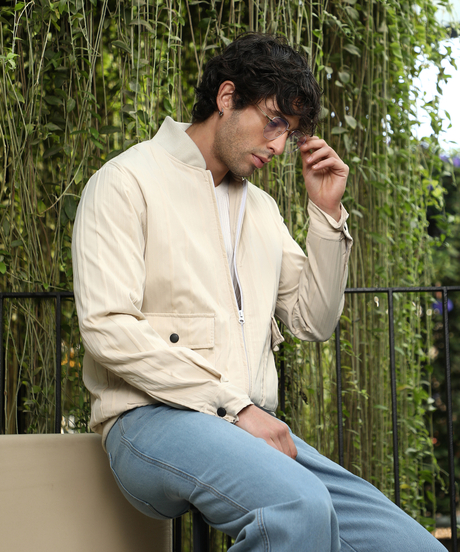 Mens Saltbox Beige Zip-Front Stripe-Tactile Bomber Jacket