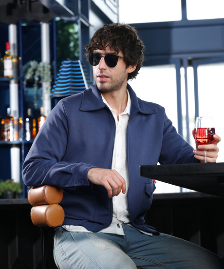 Mens Indigo Blue Zip-Front Knit Jacket
