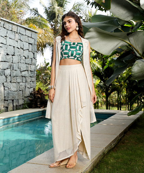 Womens Forest Green Geometric Knit-Drape Co-Ord Set