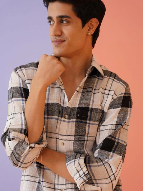Cream and Black tartan checks checked opaque Casual shirt 