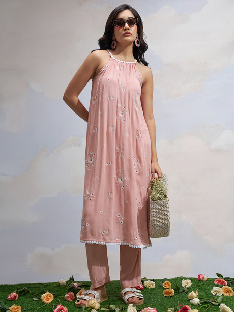 Peach Embroidered Gathered Strap Kurta With Slim Pants