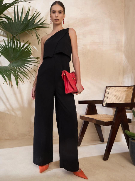 Black One Shoulder Basic Jumpsuit