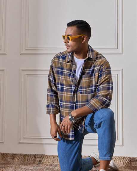 Men Brown & Navy Oversized Fit Shirt