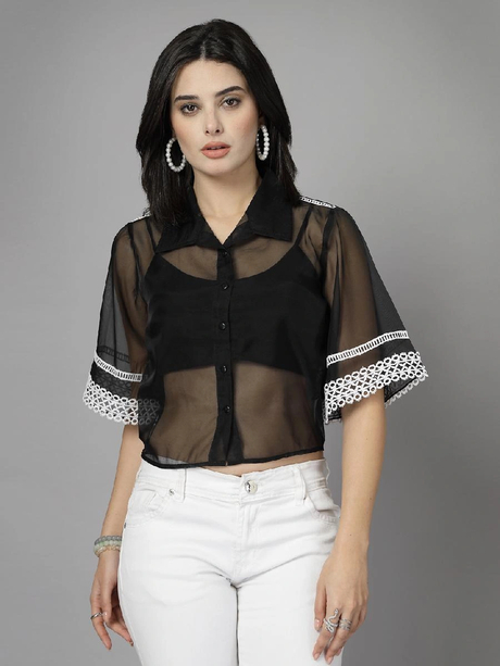 Women Black Sheer Party Wear Lace Shirt