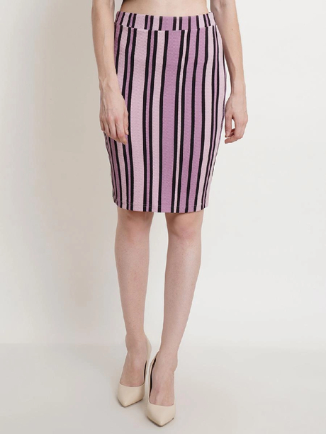 Popwings Women Lavender & Black Striped Pencil Skirt